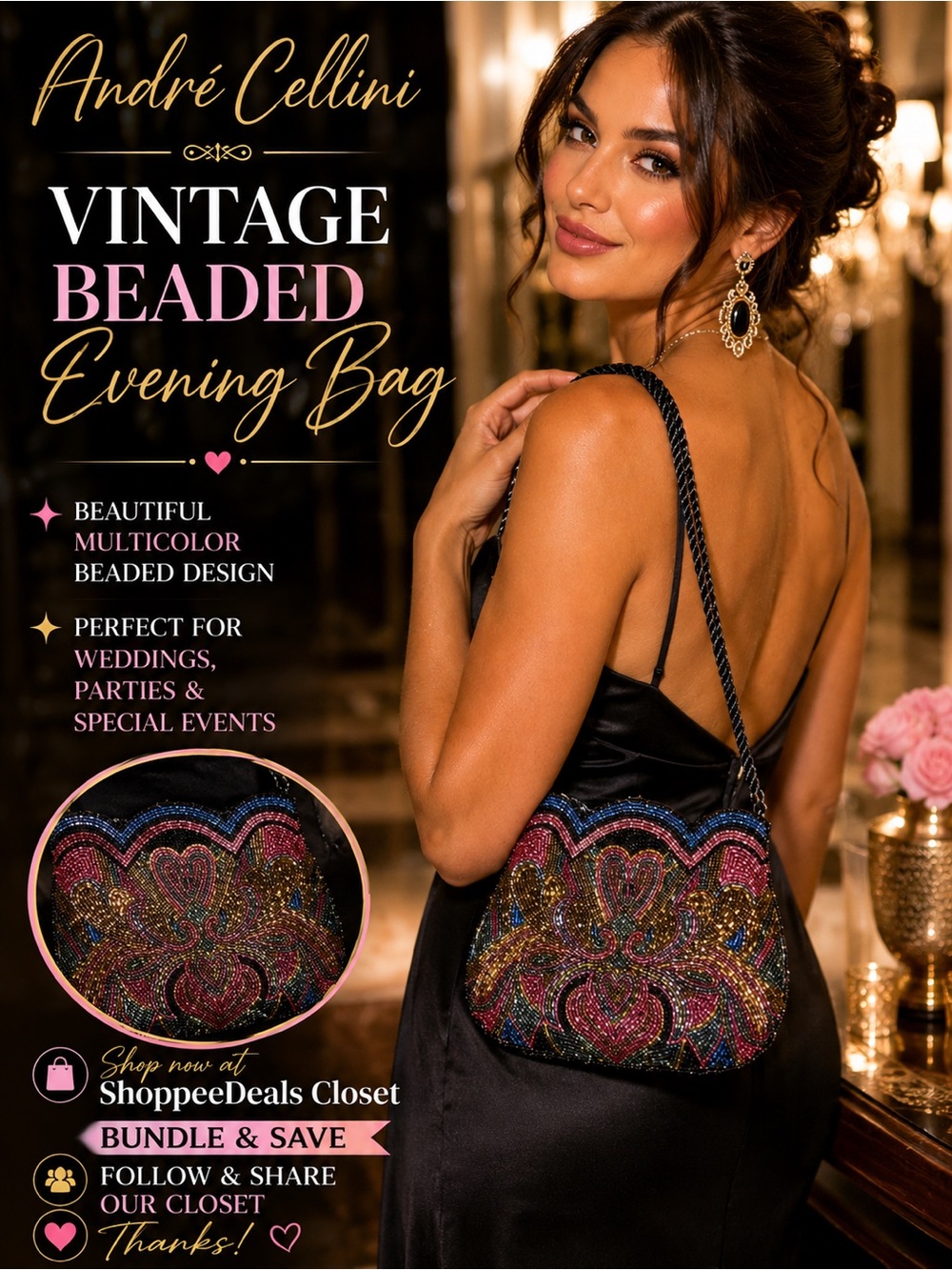 André Cellini Vintage Multicolor Beaded Evening Shoulder Bag
